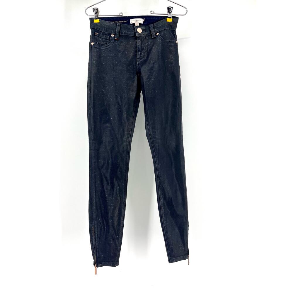 TED BAKER Glitter Black Ankle‎ Skinny Jeans/Pant (26) Rose Gold Hardware Zipper